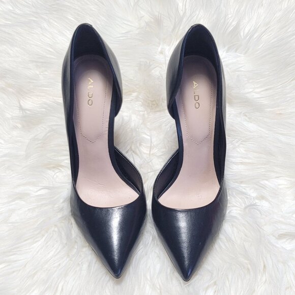 Aldo Women's Black Leather Pointed Toe High Gold Plated Heel Pump Shoe Size 7.5 - Picture 2 of 10